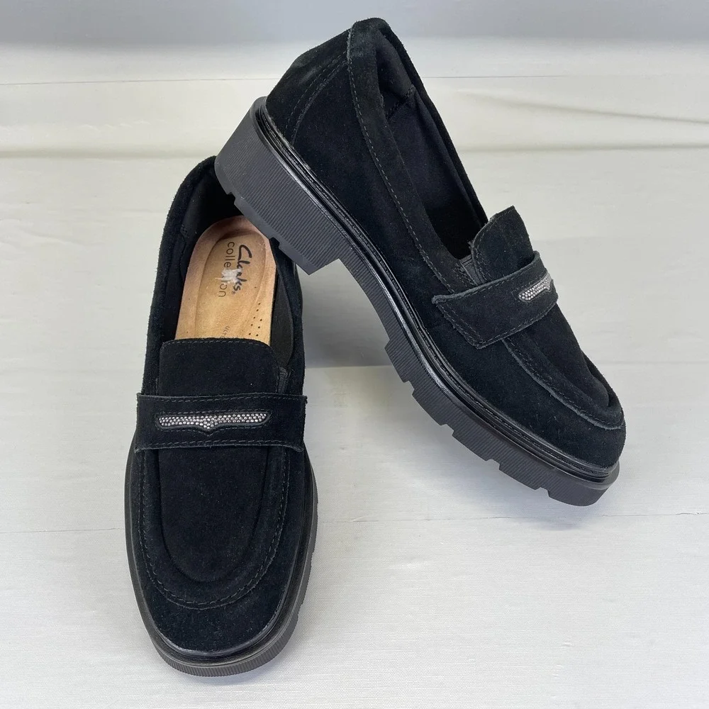 Clarks Lauryl Step Shoes Womens Size 7.5 M Black Suede Slip On Penny Loafers